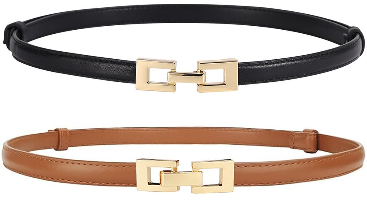 ALAIX 2Pack Skinny Leather Belts for Women Dress Belts Thin Waist Belt with Gold Buckle Adjustable Women's Belt