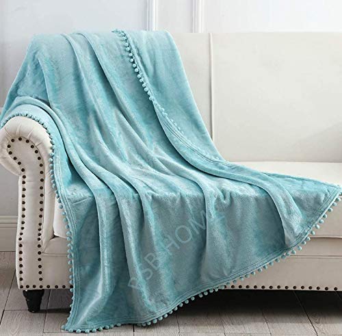 BSB HOME Micromink All Season Solid/Plain 250 GSM Double Blanket/Comforter/Dohar/Throw - Ultra Soft Cozy Blanket with Pompom Fringe (Sky Blue, 220X230 Cm) (7X7.5 Feet)