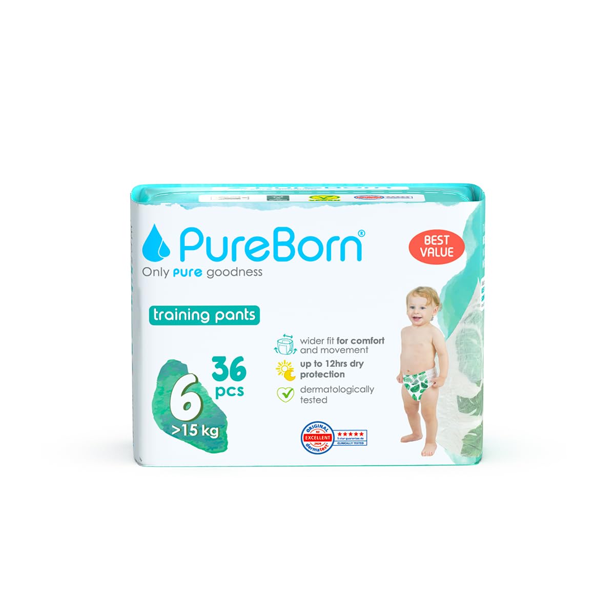 PureBorn Baby Dry Pull Up Diapers/Nappy Pants Suitable for Babies |Size -6 |Double Pack|36 Pieces|Superior upto 12 Hours Day & Night Protection|Dermatologically tested|Super Soft|Skin Friendly