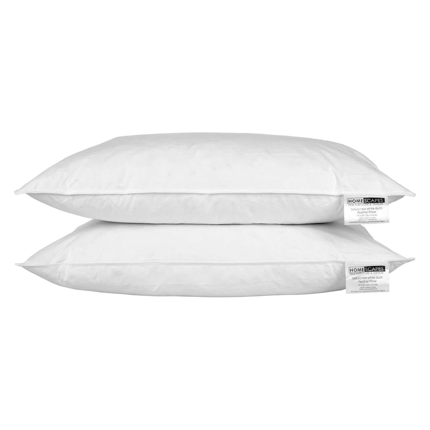 HOMESCAPESWhite Duck FEATHER Pillow PAIR - Department Store Quality - Anti Dust Mite - Washable - Medium/Soft Firmness - 100% Cotton Downproof Cover - RDS Certified