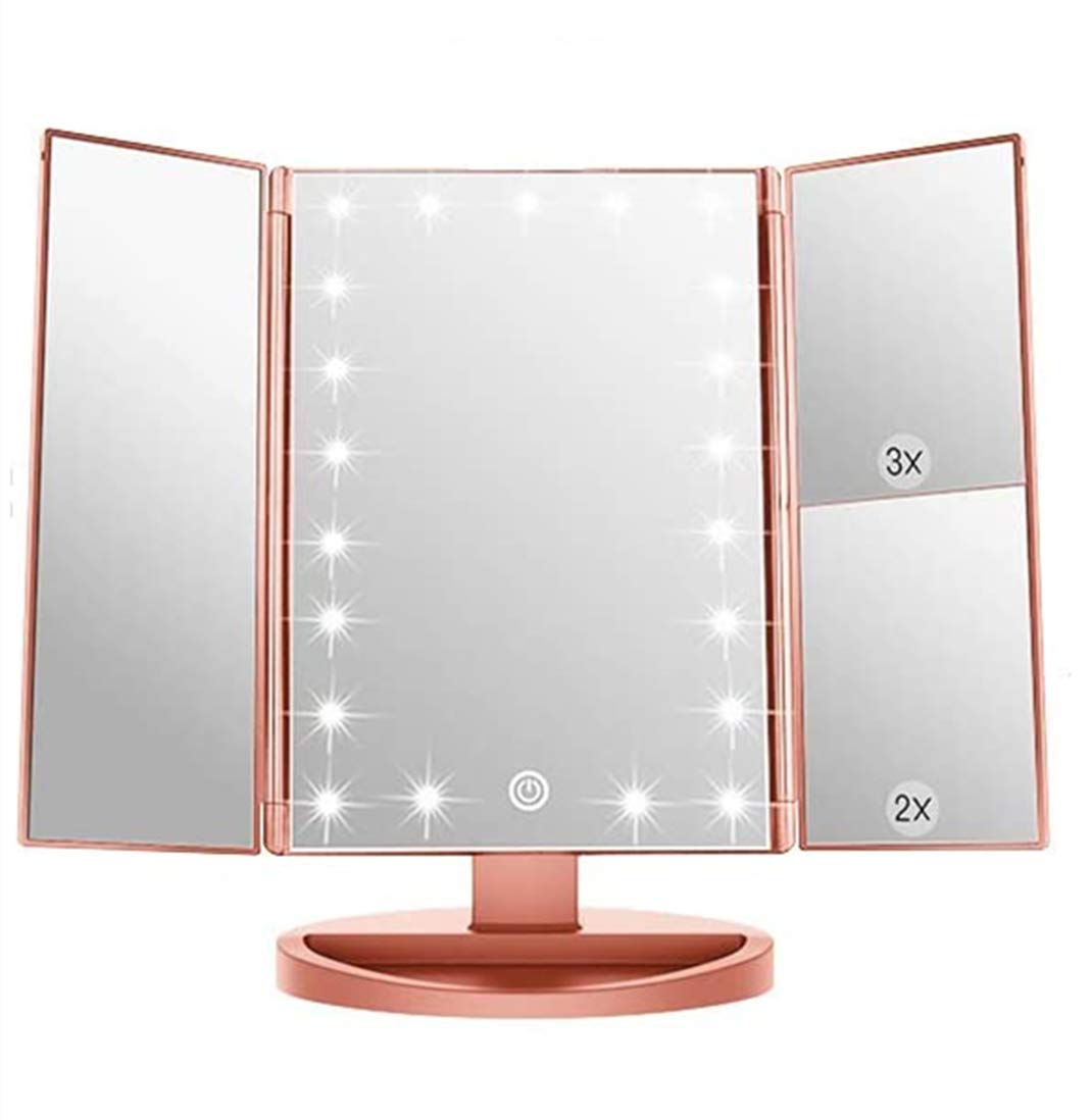 3 Folds Lighted Vanity Makeup Mirror,1X/2X/3X Magnification, 21 LED Light Bright Table Mirror with Touch Screen,180 Adjustable Rotation,Portable Travel Cosmetic Mirror