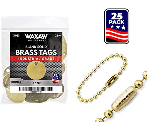 1.25" Solid Brass Stamping Tags (25 Pack) Industrial Grade & 4.5" #6 Brass Beaded Call Chains | USA Made