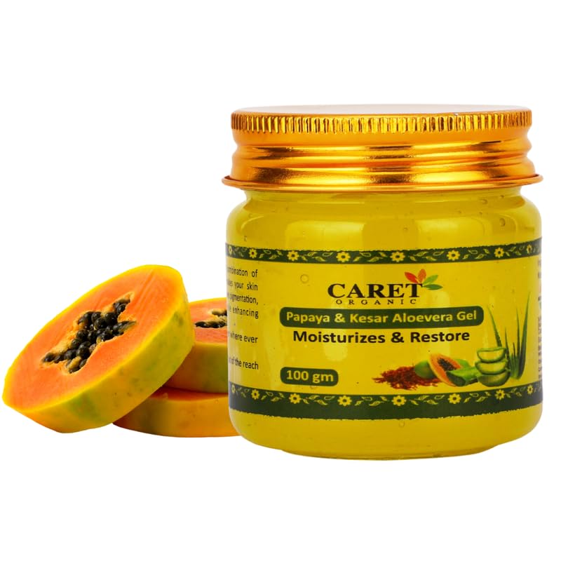 Caret Organic kesar And Papaya Skin Brightening Aloevera Gel | Reduce Dark Spots, Acne,Avne marks & Scars | Natural Ingredients, Paraben free-100g