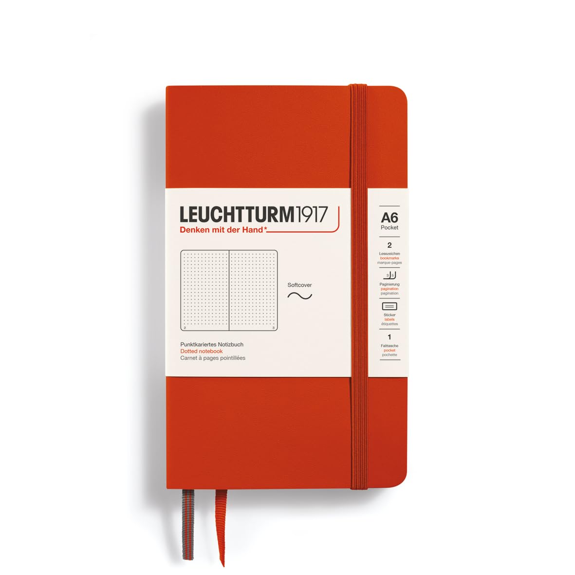 LEUCHTTURM1917 370324 Notebook Pocket (A6), Softcover, 123 Numbered Pages, Fox Red, Dotted