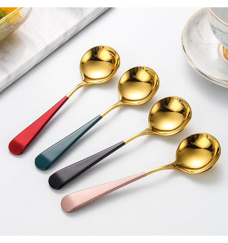 Leeonz Table Spoon Stainless Steel Soup Spoons Colorful Round Head Ice Cream Cake Dessert Coffee Mixing Spoon Kitchen Tableware for Restaurant Home (Pack of 4)