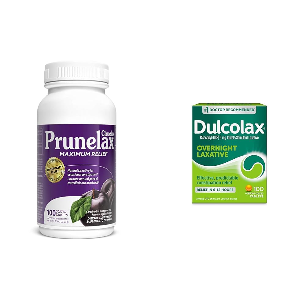 PrunelaxCiruelax Maximum Relief & Dulcolax Stimulant Laxative Tablets Bundle - 100 Count Each for Occasional Constipation Relief