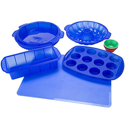 Classic Cuisine 82-18700-BLU Silicone Bakeware, 18-Piece Set Including Cupcake Molds, Muffin, Bread, Cookie Sheet, Bundt Pan, Baking Supplies, Blue