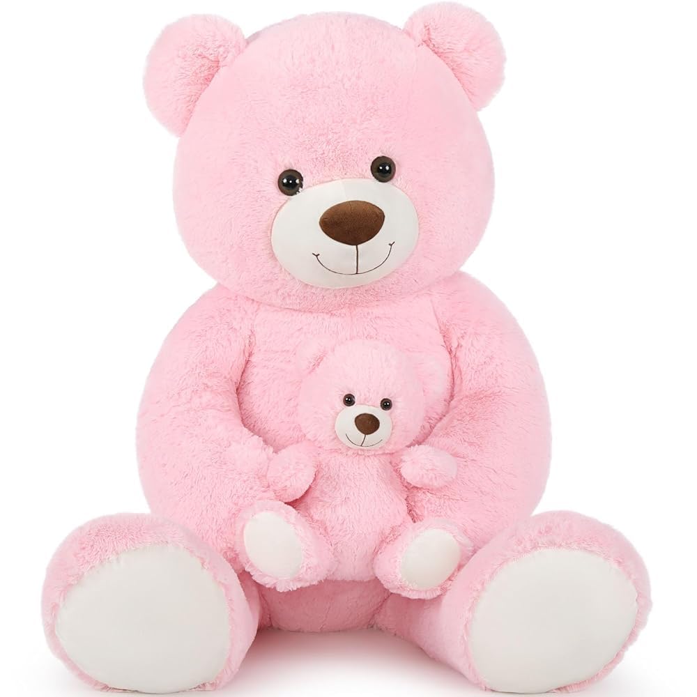 MorisMos XXL Giant Teddy Bear 100cm, Pink Big Teddy Mommy with Cuddly Baby, Fluffy Teddies Plush Toy, Large Soft Bear Present for Kids Girlfriend Birthday Christmas Deco