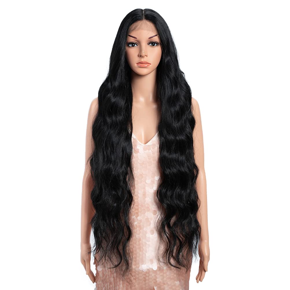 Style Icon 36" Lace Front Wigs Super Long Wavy Wig With Baby Hair 130% Density Synthetic Wig (36 Inch, 1B)