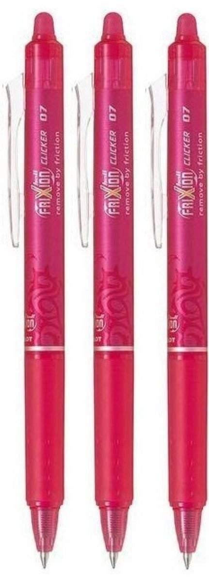 Pilot Pink Frixion Clicker Retractable Fine Rollerball Erasable Pens Pen 0.7mm Nib Tip 0.35mm Line BLRT-FR7 (Pack Of 3)