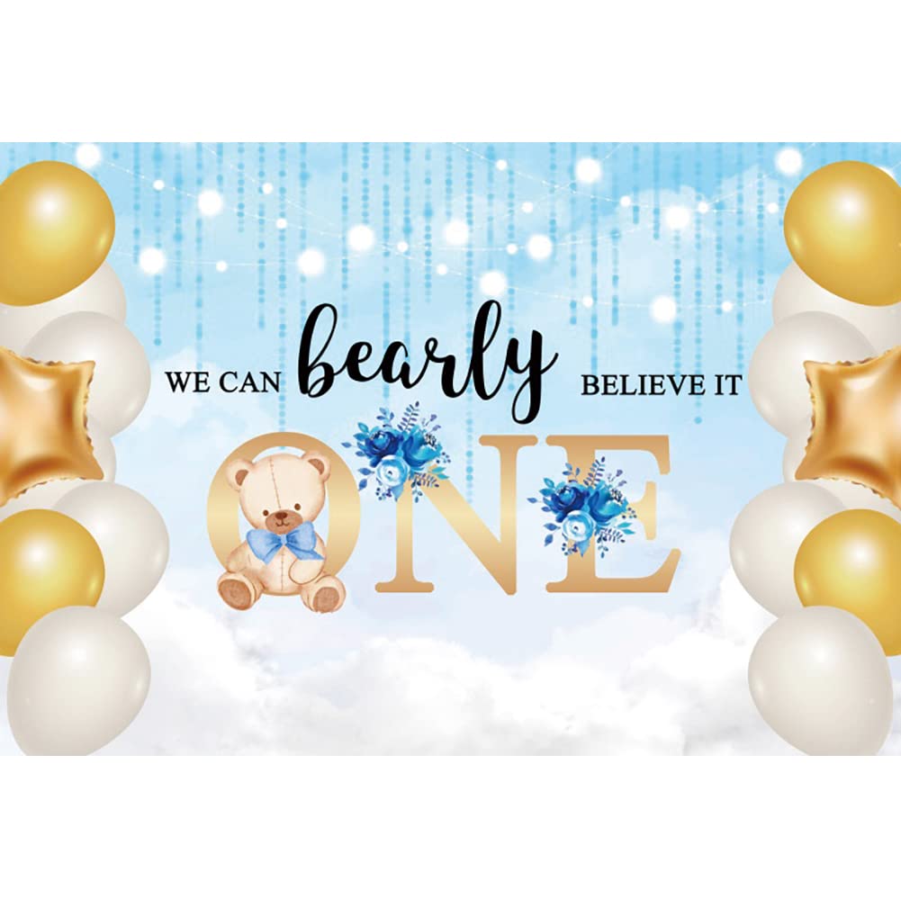 DORCEV 7x5ft Boys 1st Birthday Little Bear Backdrop We Can Bearly Believe It Background for Photography Balloons Blue Floral Happy Birthday Banner Decor Kids Portrait Cake Table Supplies Decor