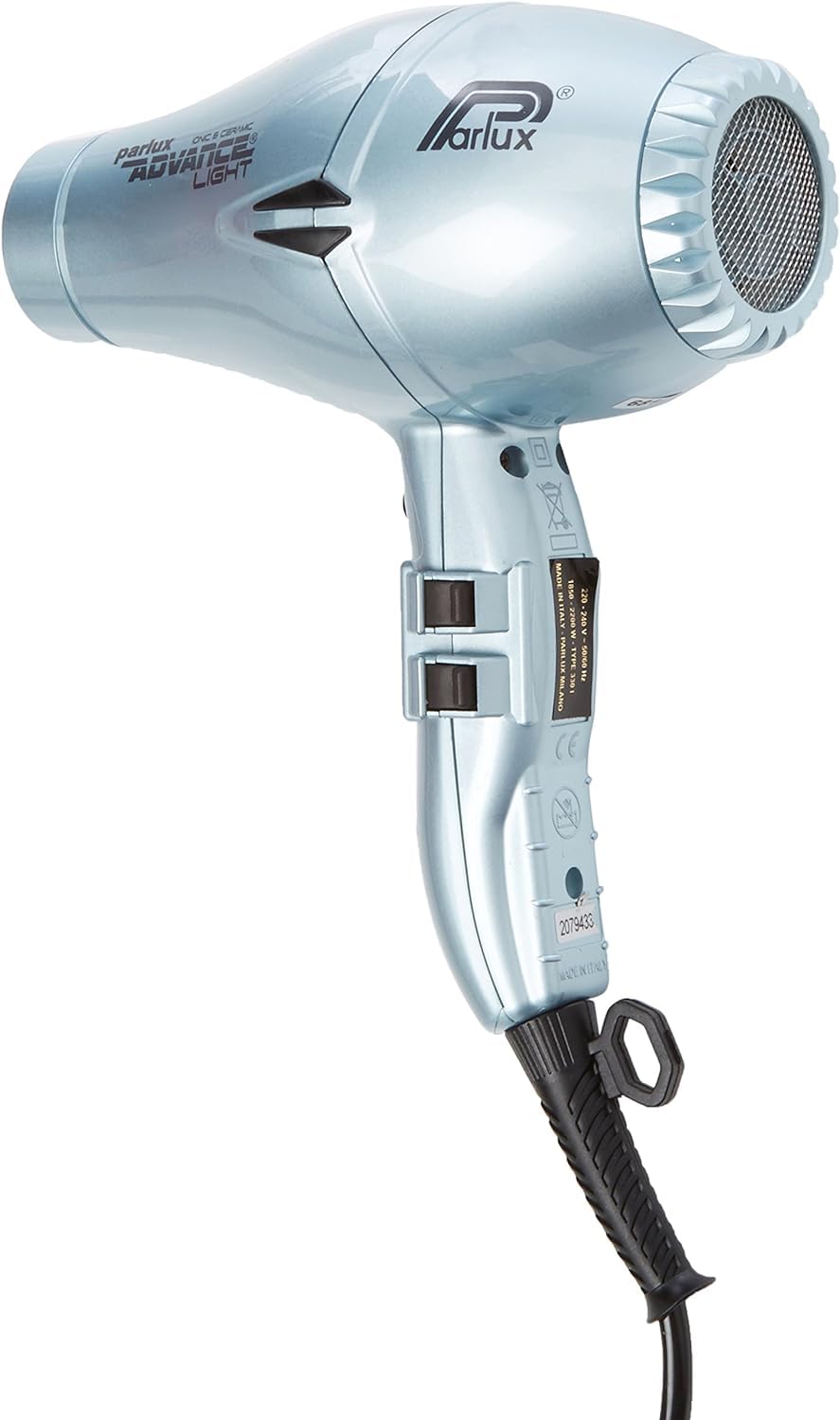 Parlux Advance Light Ionic and Ceramic Hair Dryer in Ceramic Ice. Powerful, Quiet Lightweight Blow Dryer with 2 Speed Controls, 4 Heat Settings & 2 Nozzle Attachments. Made with Recycled Materials.