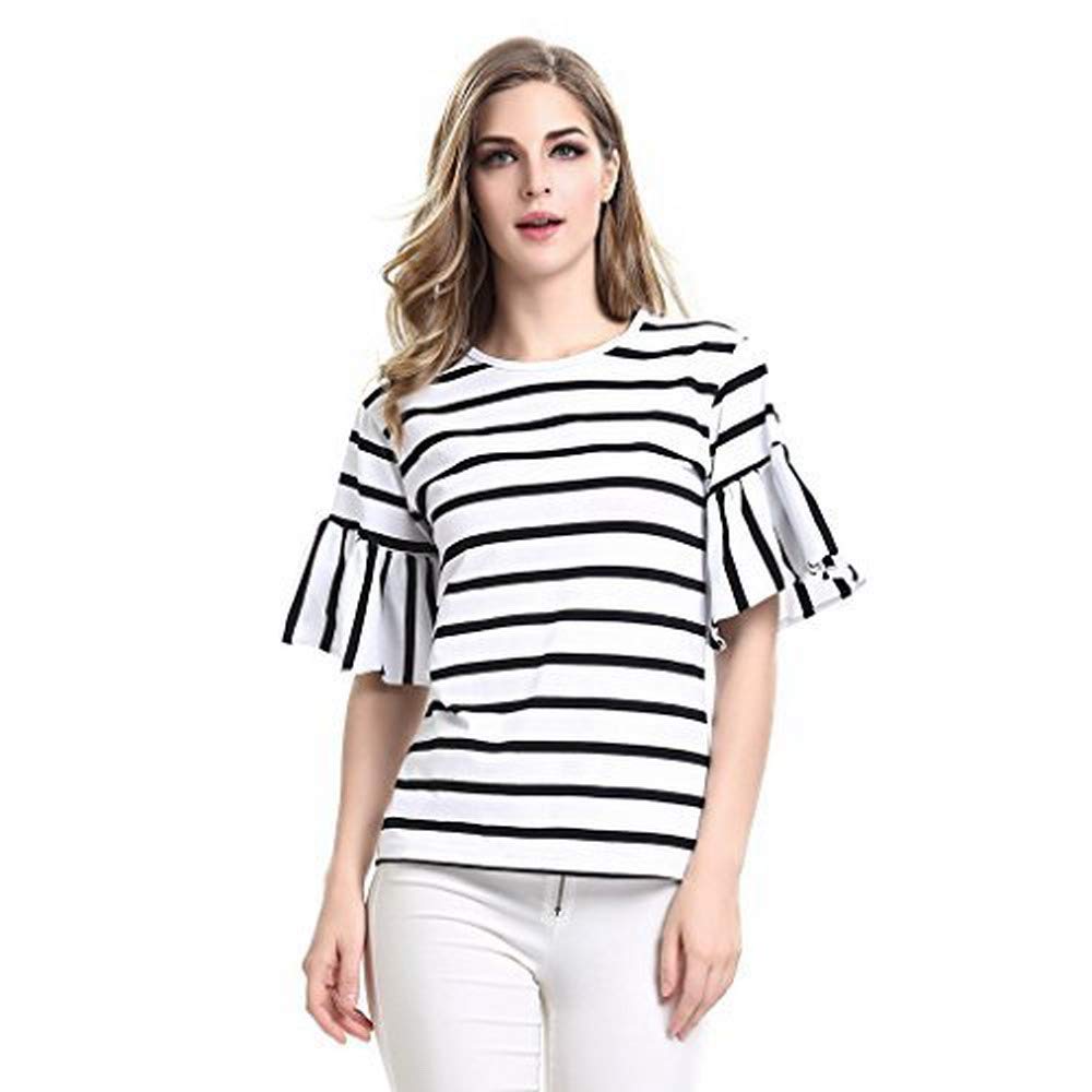 AOMEI Women Cotton Round Neck Butterfly Short Sleeve Striped Tee Shirts Tops T-Shirt