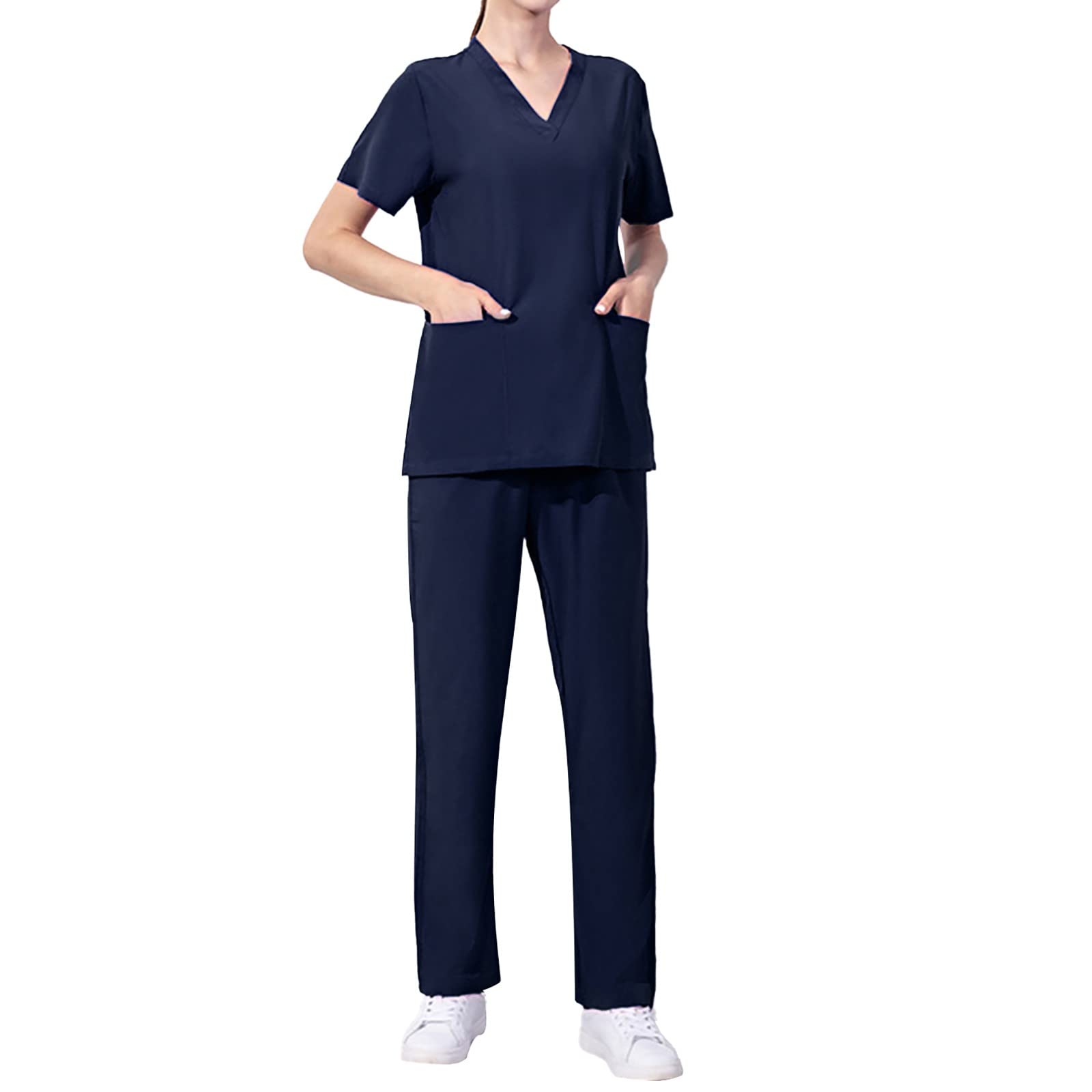 GefomuofeWomen's Work Suit Nursing Suit Medical Doctor Uniform Slip Jacket Top with Trousers Medical Work Wear Slip-On Tunic + Slip-On Trousers Set Work Wear, navy, XL