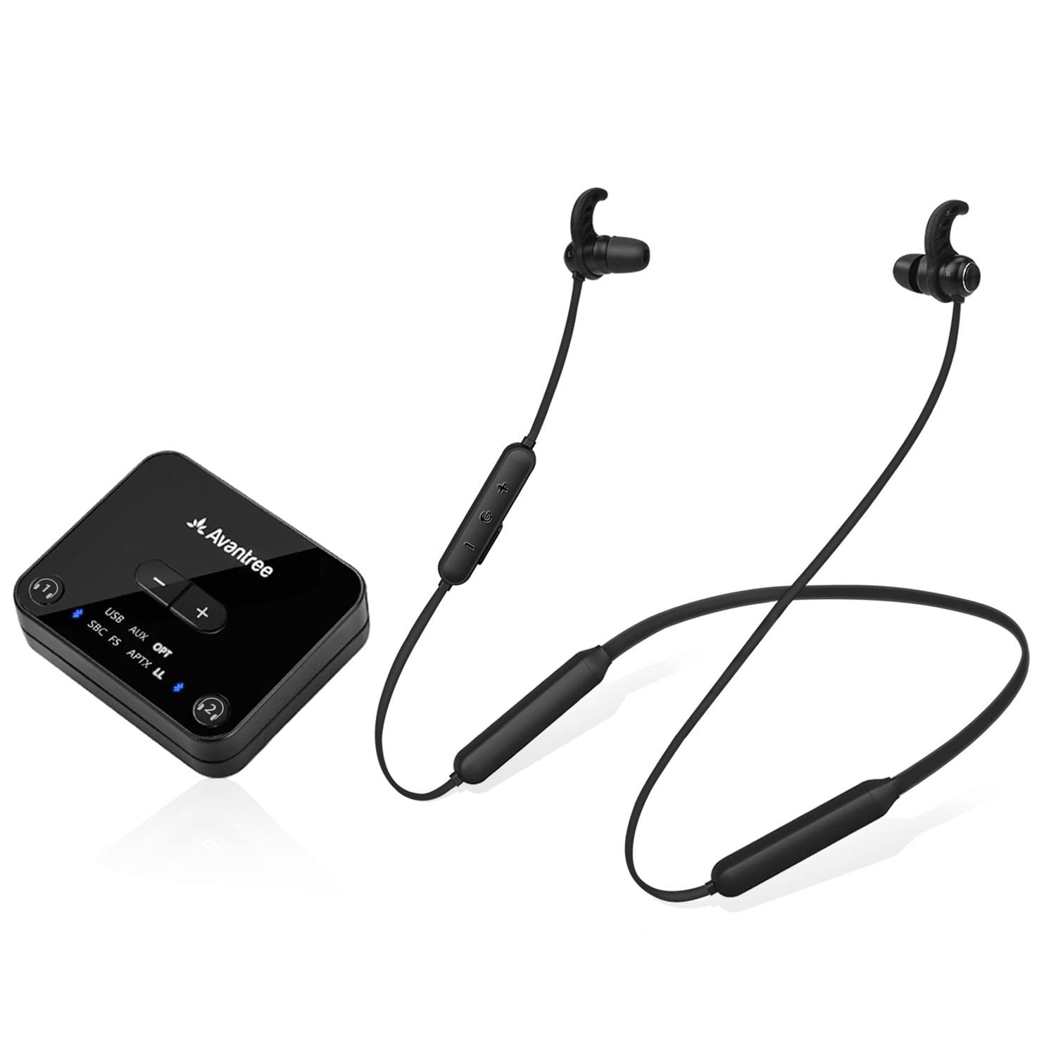 Avantree HT4186 Wireless Neckband Headphones Earbuds for TV Watching & PC with Bluetooth Transmitter Set, for Optical Digital Audio, RCA, 3.5mm AUX Ported TVs, Plug & Play, No Delay, Long Range