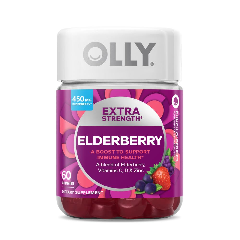 OLLYExtra Strength Elderberry Gummies, Immune Support, 450mg Elderberry, Vitamin C, D and Zinc, Berry - 60 Count