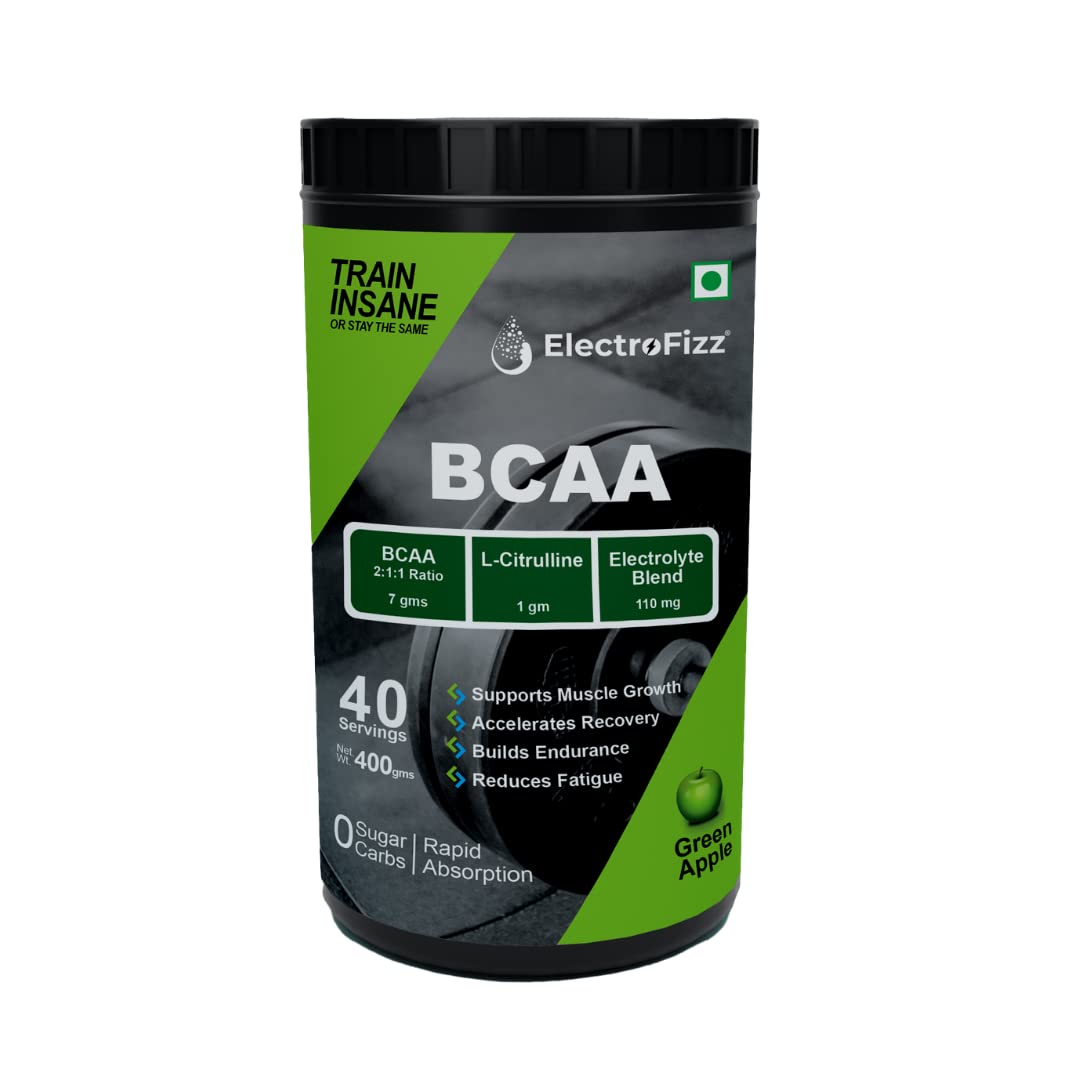 ElectroFizz BCAA 7Gms (2:1:1 formula) with Citrulline & Electrolyte Blend for Muscle Recovery & Endurance - Pre/Post Workout & Intra Workout (Green Apple)- 40 servings