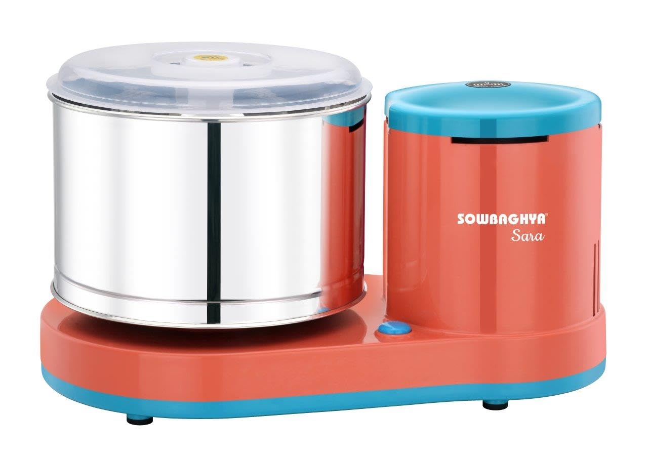 Sowbaghya Sara 2Ltr Table Top Wet Grinder with Coconut Scrapper & Atta Kneader (Orange) | Heavy Duty Motor | Ideal for Your Kitchen | 2Ltr Wet Grinder for All Kinds of Batter for South Indian Dishes