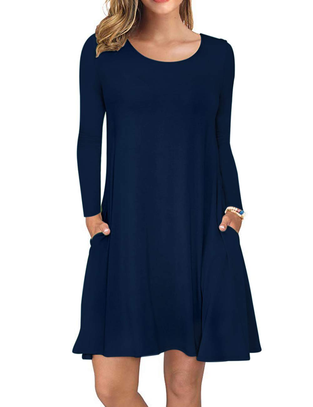 AUSELILYWomen's Casual Plain Simple Flowy Tunic Dress With Pockets (M, Long Sleeve-Navy Blue)