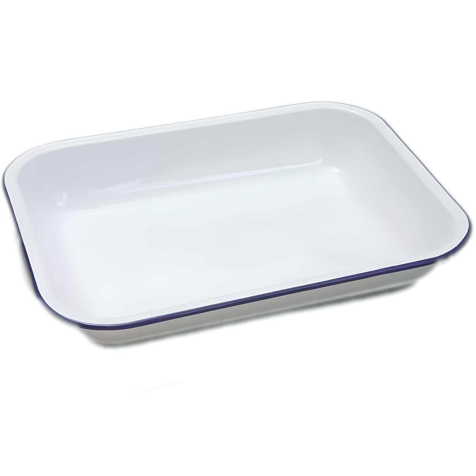 AMK® Falcon Enamel Bakepan Traditional White 28cm x 23cm x 4.5D Oblong Shape Traditionally Enameled with Blue Rim Dishwasher & Oven Safe