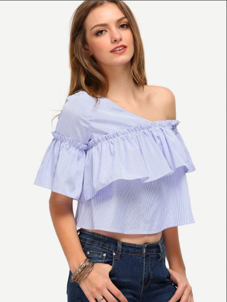 Shein Blue & White Off Shoulder Blouse For Women