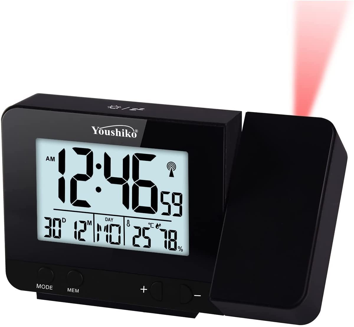 Youshiko Radio Control (Official 2024 MSF UK Version) Projection Alarm Clock, Bedroom Projector Clock Dual Alarms LCD Display Date Time