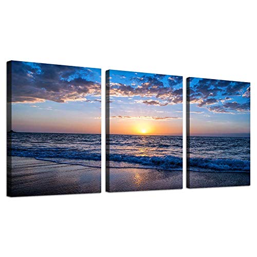 hyidecorartSunset Beach Canvas Wall Art for Living Room, Modern Artwork Nature Blue Sea Landscape Bathroom Pictures Bedroom Wall Decor, Family Prints Paintings Wall Decorations Hallway Kitchen Office