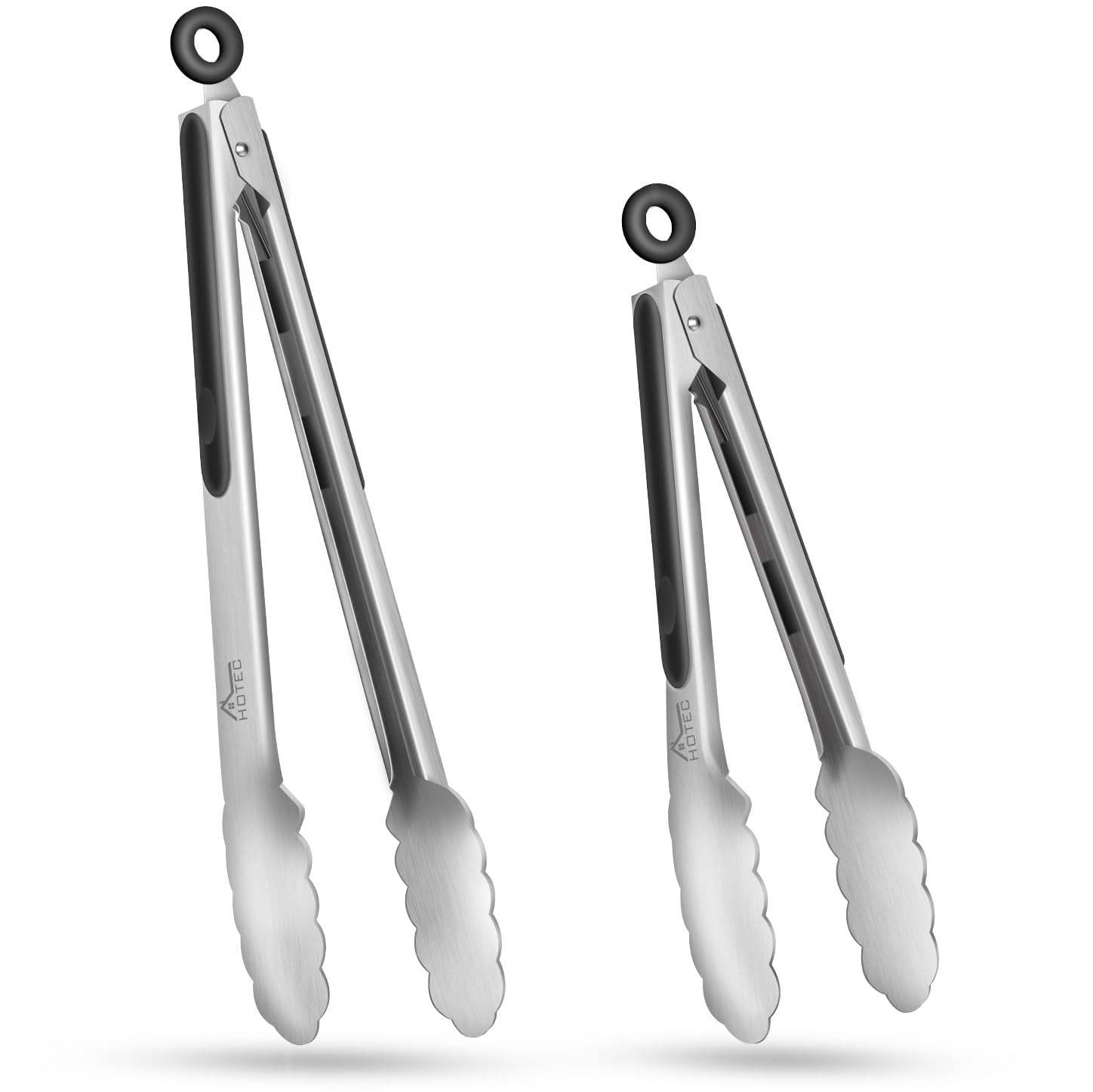 Hotec Stainless Steel Kitchen Tongs Set of 2 - 9" and 12", Locking Metal Food Tongs Non-Slip Grip