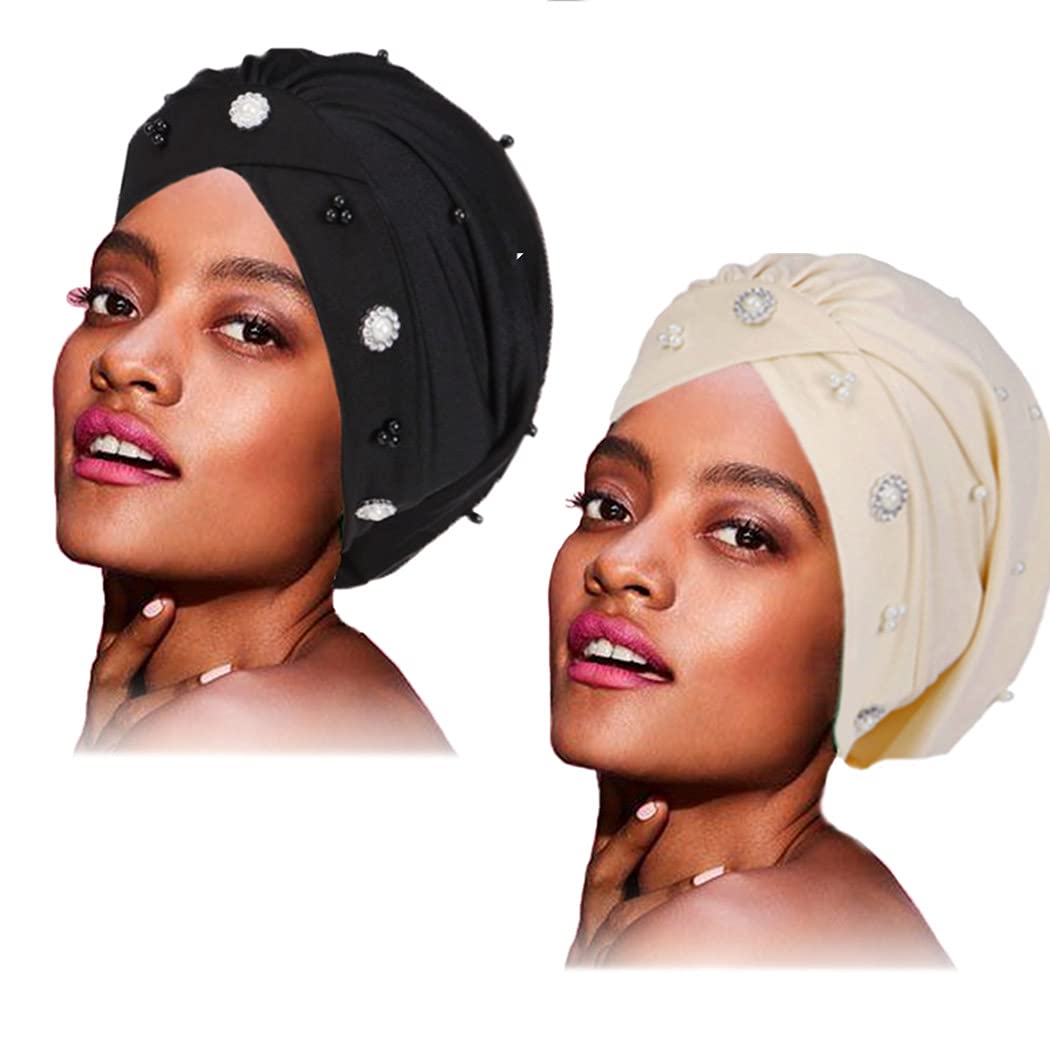 Womens African Turban Head Wraps White Pearls Chemo Hat Cap Soft Elastic Pre-Tied Head Cover for Women and Girls(2 Packs)