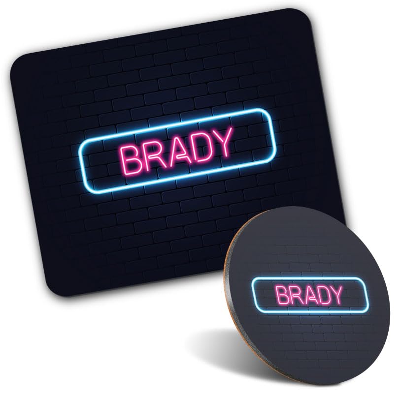 1x Mouse Mat & 1x Round Wooden Cork Coaster Neon Sign Design Brady Name Matching Set of Mouse Pad & Placemat for Coffee Tea Drinks Kitchen #351688