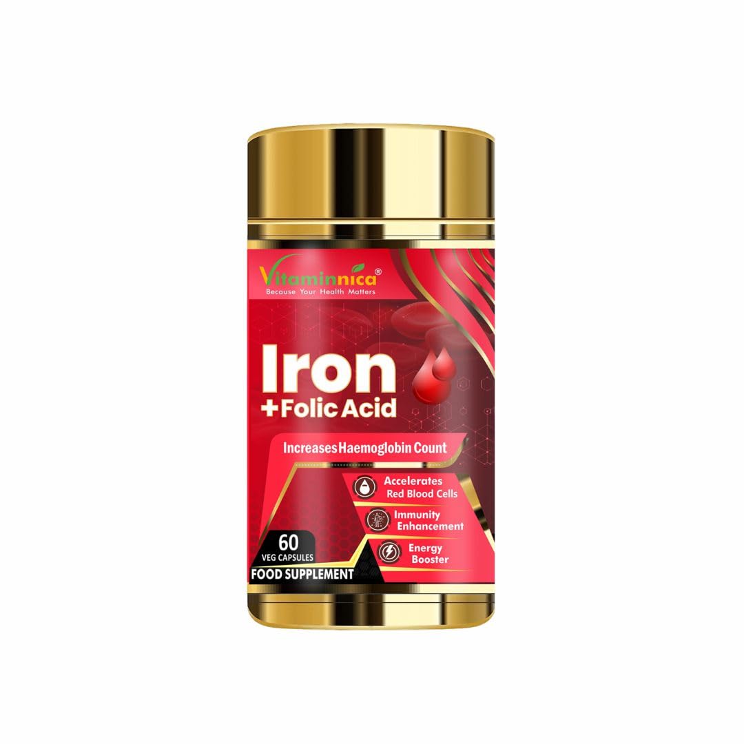 Vitaminnica Iron+Folic Acid- Boosts Energy, Haemoglobin and Immunity - 60 Capsules