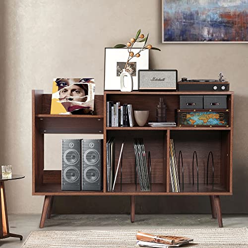 RARZOE Large Record Player Stand, Mid Century Concord Turntable Stand Table Holds Up to 350 Albums, Vinyl Record Storage Cabinet with Wood Legs for Living Room Bedroom Office, Walnut Brown