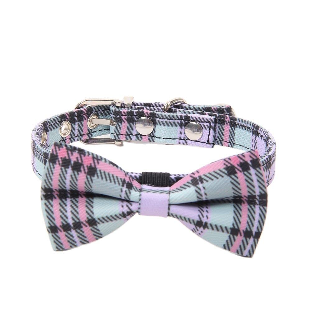 XKSRWE Faux Leather Plaid Dog Collar Bowtie&Bell Ring Pet Necklace for Dogs and Cats Small Medium (S, Purple)