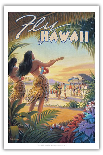 Pacifica Island Art Fly to Hawaii - Hula Dancers - Vintage Style Hawaiian Travel Poster by Kerne Erickson - Master Art Print - 12 x 18in