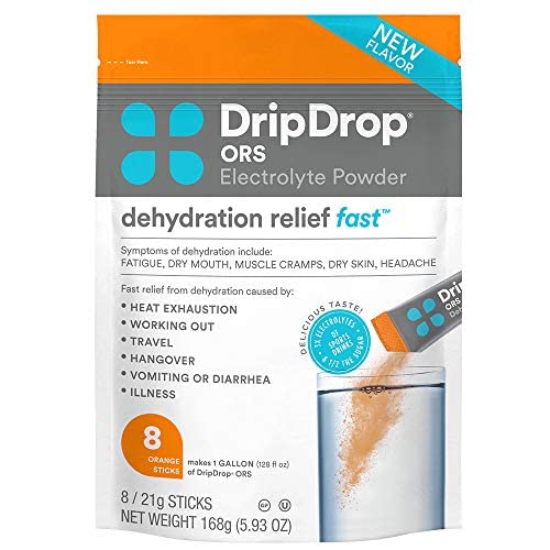 DripDropORS - Patented Electrolyte Powder For Dehydration Relief Fast - For Workout, Sweating, Heat, & Travel Recovery - Orange - 8 Servings.