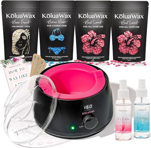 KoluaWax Premium Waxing Kit for Women - Hot Melt Wax Warmer for Hair Removal, Eyebrow, Bikini, Legs, Face, Brazilian Wax & More - Machine + 4-Pack Hard Wax Beads + Accessories, Black