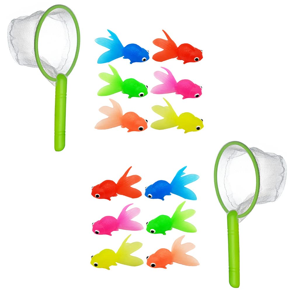 TOYANDONA 2 Sets Kids Fishing Bath Toy Plastic Goldfish Artificial Aquarium Fishes Floating Fake Fish with Landing Net for Toddler Children Swimming Pool Beach Party Favor ( Random Color )