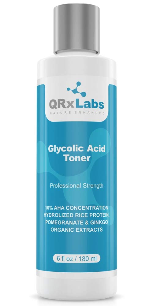 QRxLabs Glycolic Acid Toner - Exfoliating Anti-Aging Glycolic Acid Toning Solution for Face w/ 10% AHA, Witch Hazel, Hydrolyzed Rice Protein, Pomegranate & Ginkgo Biloba Extract - Anti Aging Toner