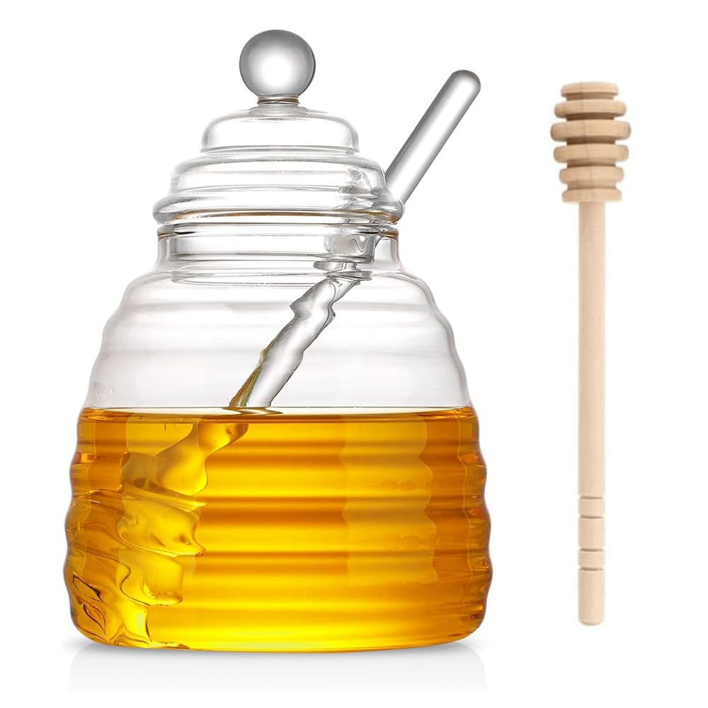 YARDHOBIGlass Honey Jar with Dispenser, Clear Crystal Honey Pot with Dipper and Lid, Honey Containers Holder, Honey Bee Pot, Glass Honey and Syrup Container for Home Kitchen (17 Ounces)