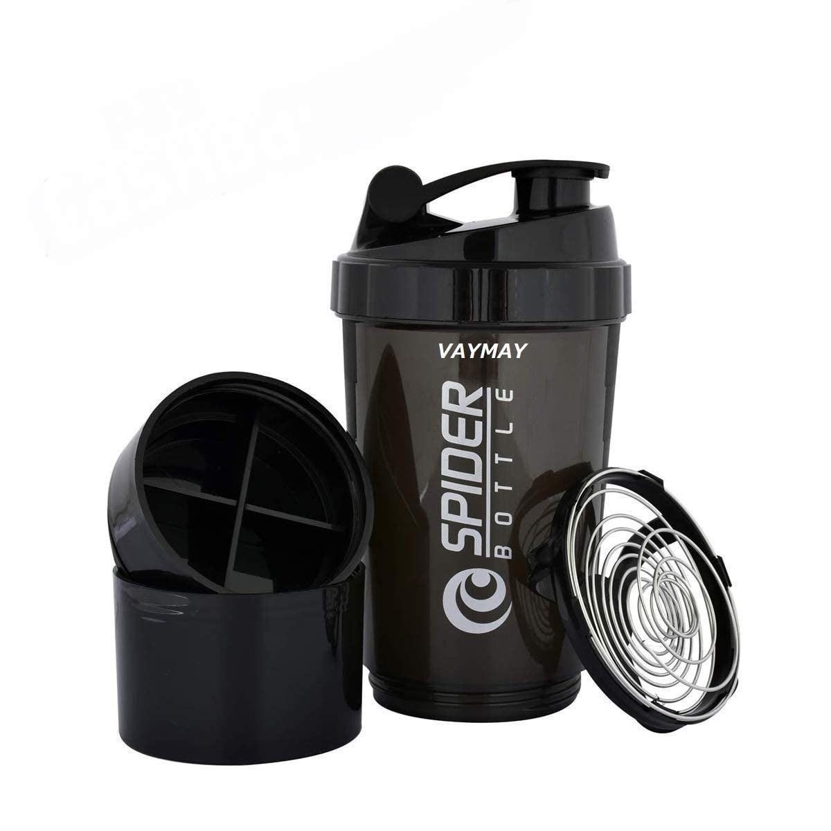 VAYMAY Protein Shaker Bottle - Gym Shaker Bottle Non-Slip 3 Layer Twist Off, 100% Leakproof Blender Bottle with Supplement and Pill Storage Compartment (Black)