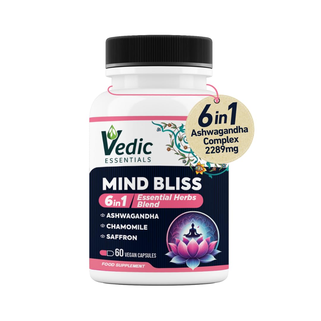 Vedic Mind Bliss- Stress Relief | 6-in-1 Ashwagandha Complex with Chamomile, Saffron & More | High Strength Ashwagandha Supplement | Anxiety Relief, Sleep Aid, Calming, Mood Lift | 60 Vegan Capsules