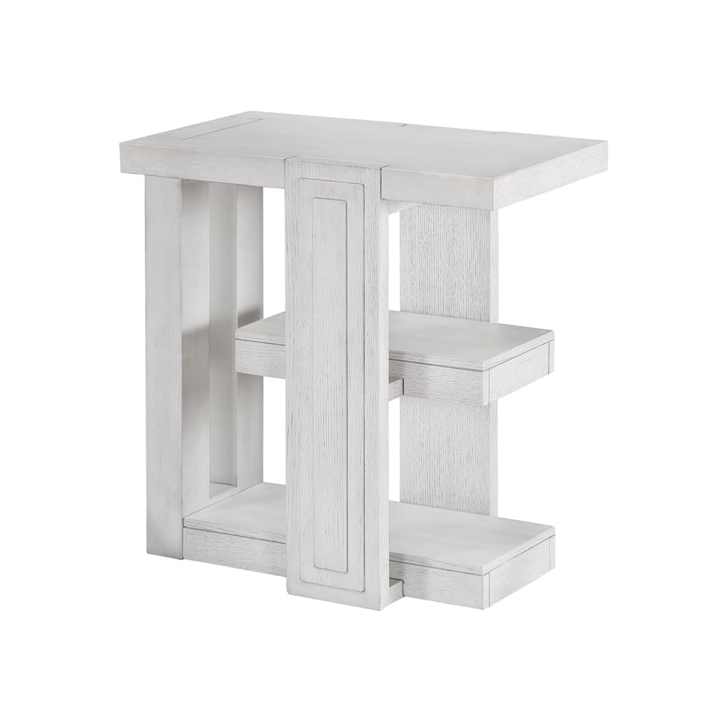 Sunset TradingDover Chairside Storage 3-Tier Narrow Nightstand for Contemporary Living Room Bedroom Office Side, 14” Slim Rectangular End Table with 2 Open Shelves, Cerused Dove White Wood