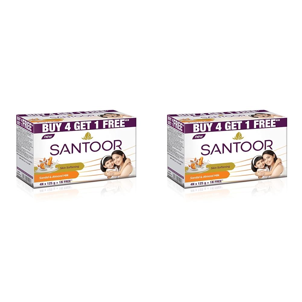 Santoor Sandal and Almond Milk Soap (Buy 4 Get 1 Free 125g each) (Pack of 2)