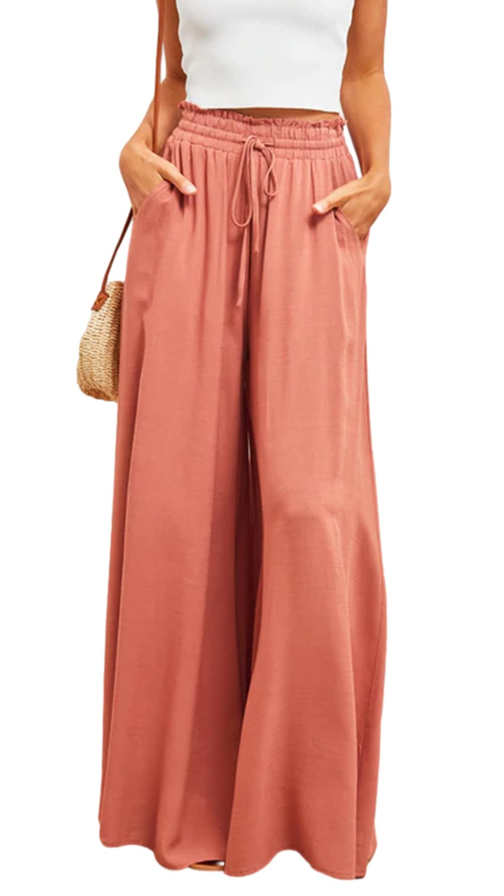 Mitid Women's Casual Wide Leg Pants Summer Flowy Palazzo Pant Loose Beach Trousers with Pockets