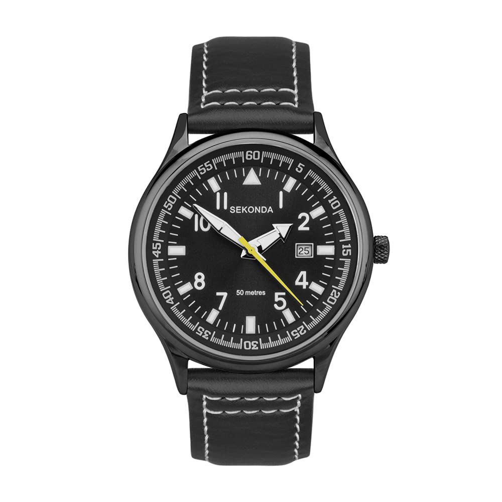 SekondaMen's 42mm Pilot Style Quartz Watch with Analogue Display Date Window and Leather Strap 50m Water Resistant