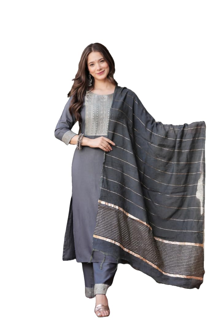 Solid Grey Rayon Kurti-Pajama Set for Women – Straight Cut with Matching Dupatta