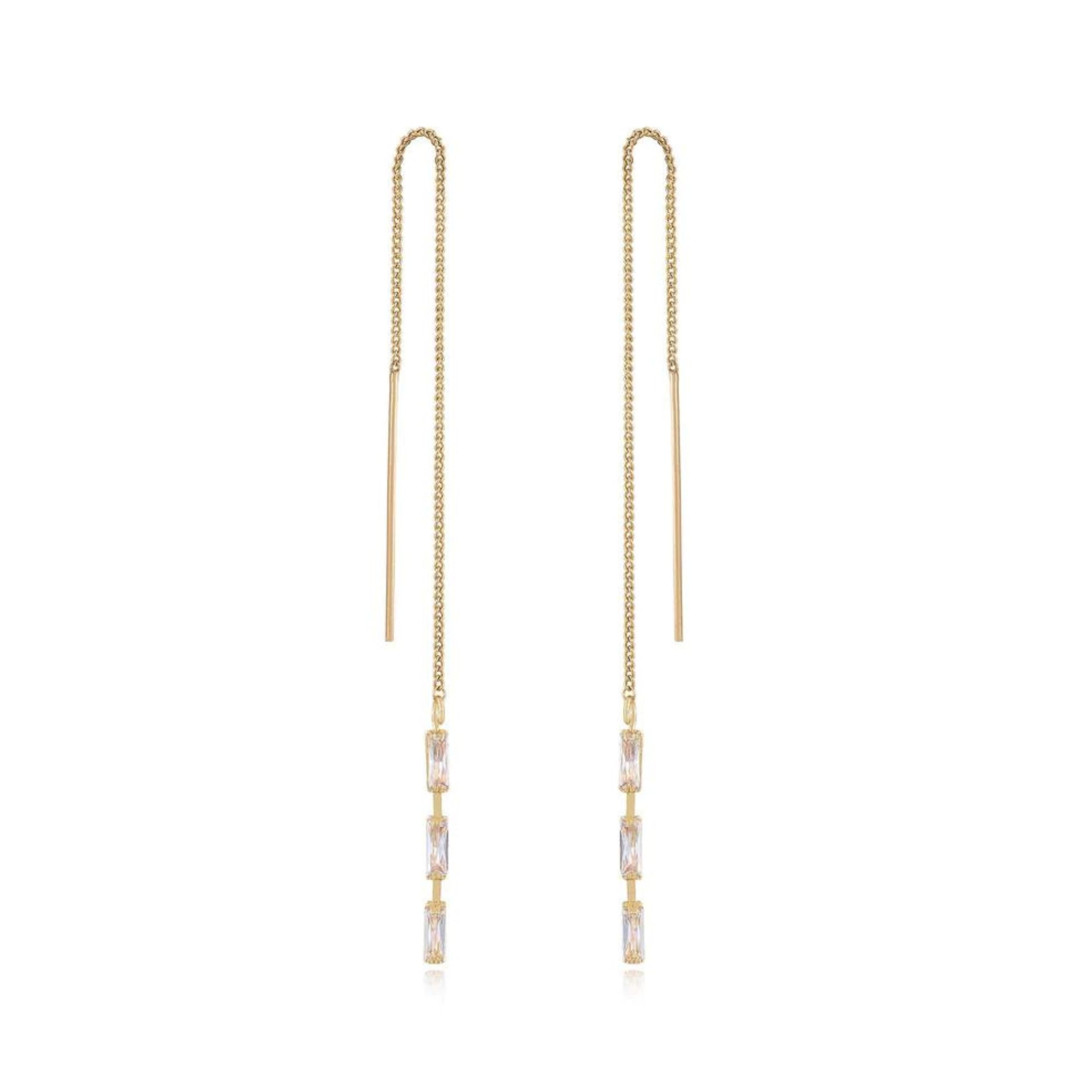 EttikaGold Earrings. Threader Earrings for Women. Crystal Baguette Threader 18k Gold Plated Or Rhodium Earrings. Jewelry