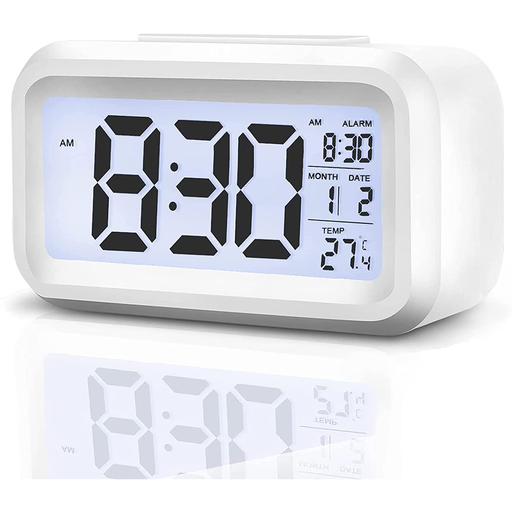 Qniceone Digital Alarm Clock, Battery Operated Alarm Clock with Date,Indoor Temperature,Smart Night Light, Easy Operation Electronic Clock for Bedrooms Home Kids (White)