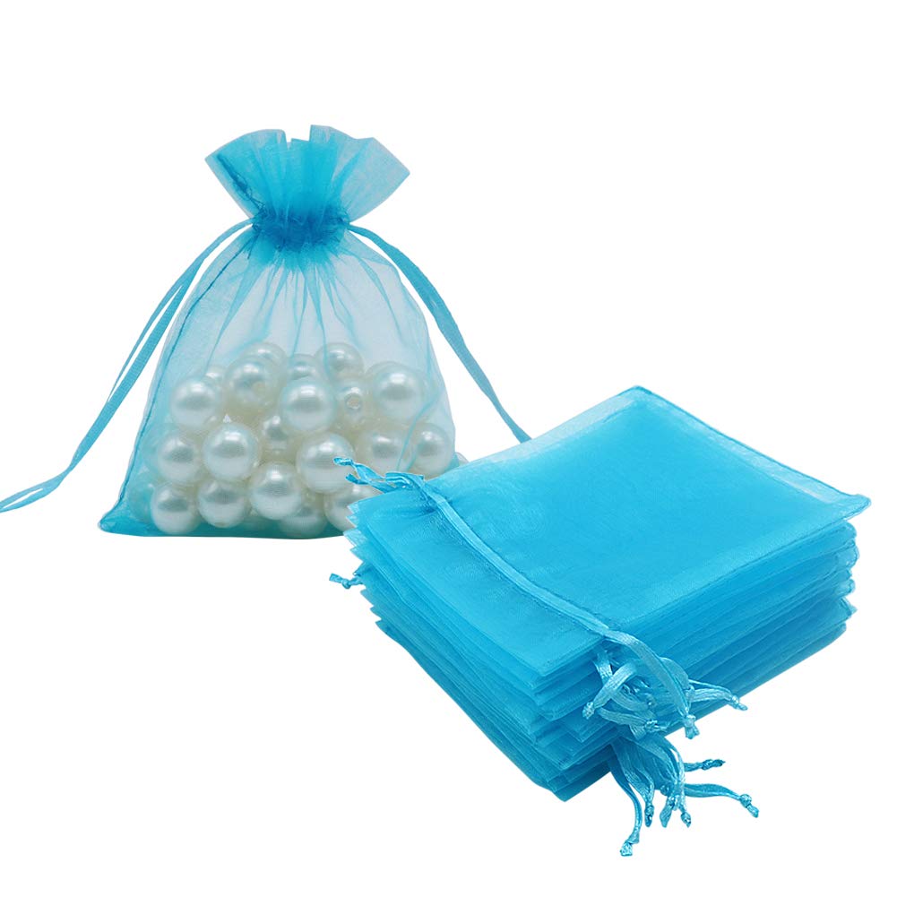 HRX Package 100pcs Organza Jewelry Drawstring Pouches Turquoise Blue, 3.9 x 4.6 inch Little Mesh Candy Bags Mini Sachet for Small Christmas Gifts Jewelry