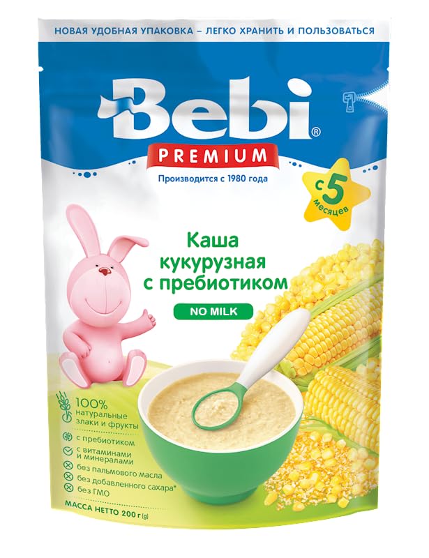 BebiPremium NO Milk - CORN PROBIOTIC Inulin 200g From 5 Months - Ziplock Packaging NO GMO NO Palm Oil, Baby Kasha Cereal for Babies, Imported From Europe